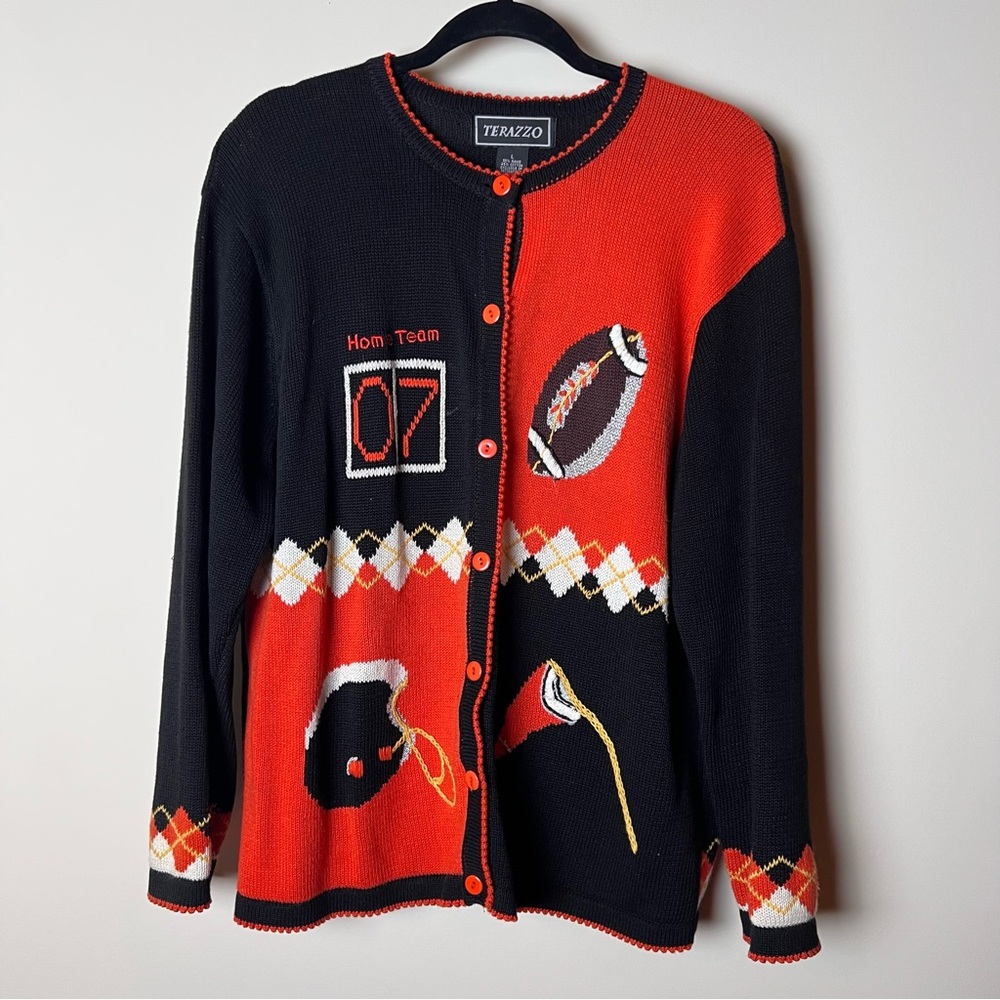 Fall Button Down Terazzo black orange novelty football sweater size large womans